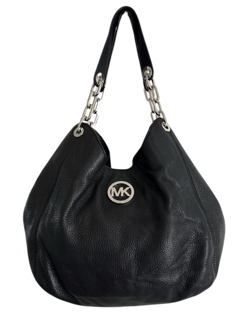 Michael Kors Black Pebbled Leather Hobo with Silver Chain-Accent